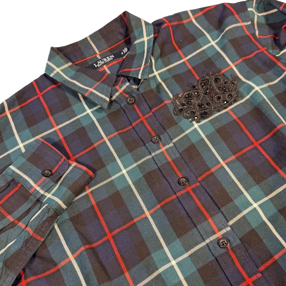 Lauren Ralph Lauren Womens M Plaid Monogram Button Down Dark Academia Preppy - Picture 12 of 16